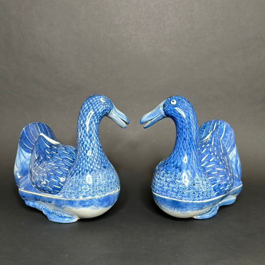 20th C. Rare Pair Chinese Export Blue & White Porcelain Duck & Cover