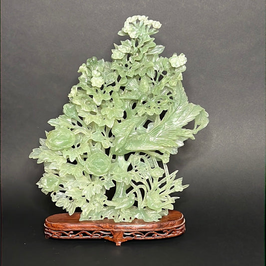 20th C. White & Greenish Chinese Jade A Mother Phoenix Bird & Tree Prides