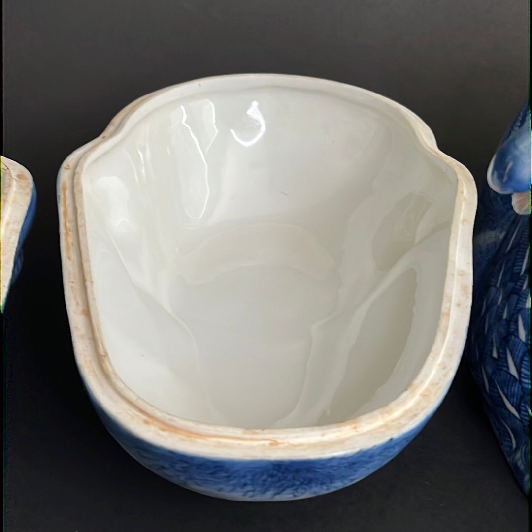 20th C. Rare Pair Chinese Export Blue & White Porcelain Duck & Cover