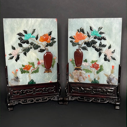 20th C. Rare Pair Chinese Jade Panel