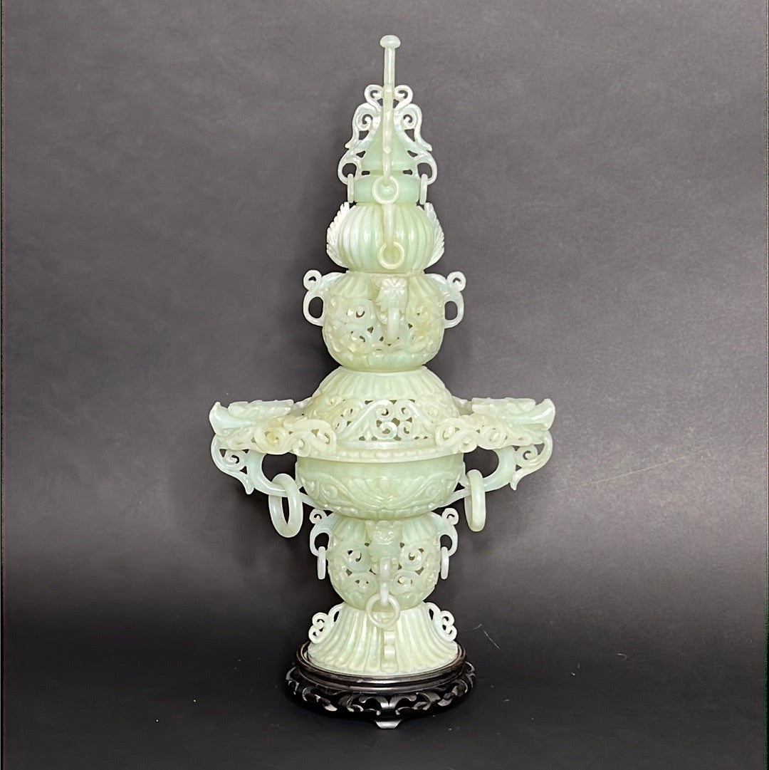 20th C Celadon Russet Jade Exquisitely Hand Carved Pagoda Tower